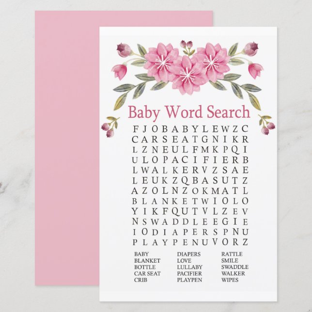 Pink flowers Baby Shower Word Search Game (Front/Back)