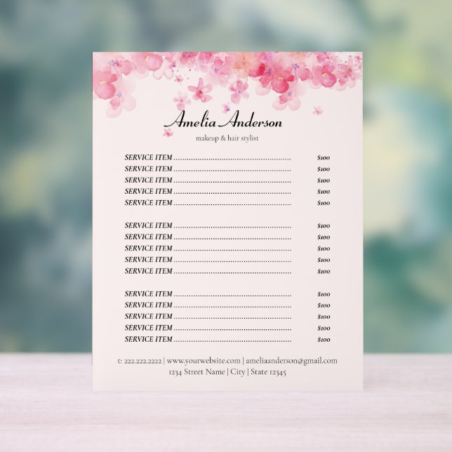 Pink Flowers Beauty Stylist Service Price List Acrylic Sign (Neutral)