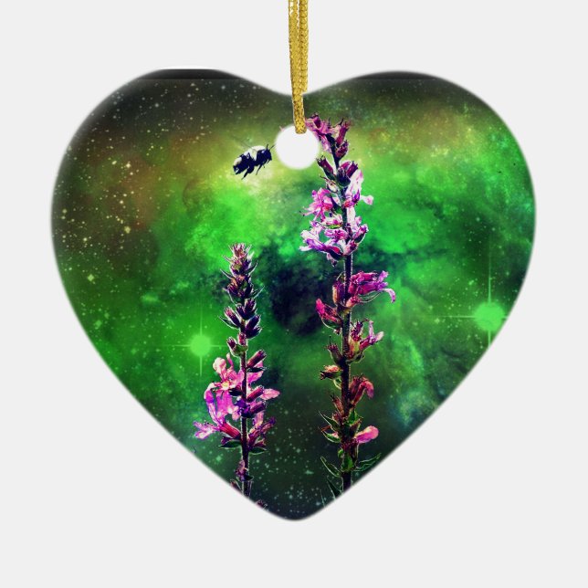Pink Flowers & Bee Against The World Ceramic Tree Decoration (Front)