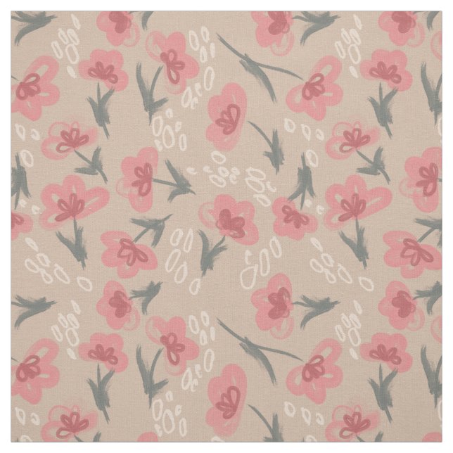 Pink flowers beige background floral pattern fabric (Swatch)
