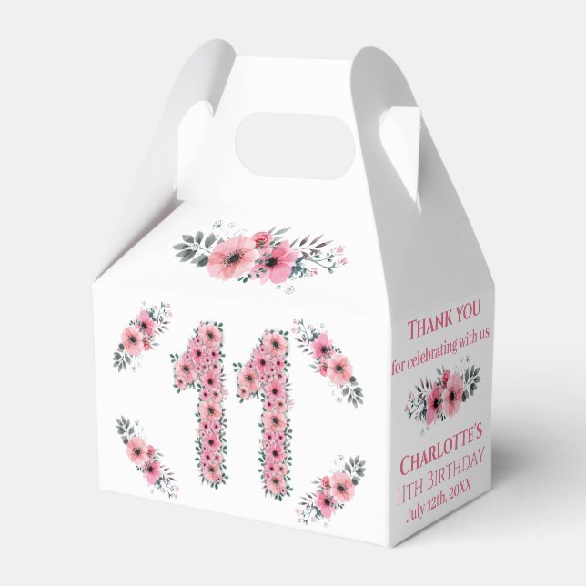 Pink Flowers Big 11th Birthday Girl Green Foliage Favour Box (Front Side)