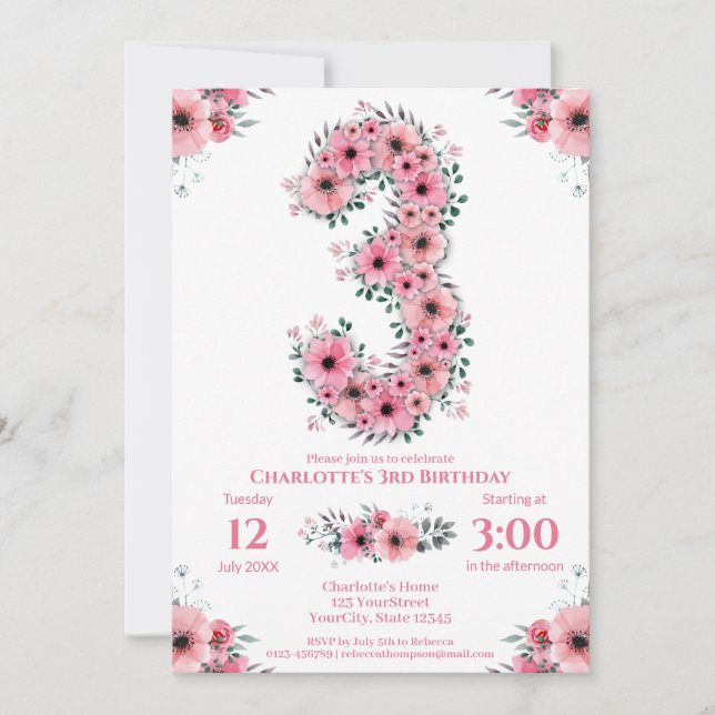 Pink Flowers Big 3rd Birthday Girl Green Foliage Invitation (Front)