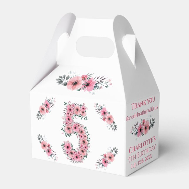Pink Flowers Big 5th Birthday Girl Green Foliage Favour Box (Front Side)