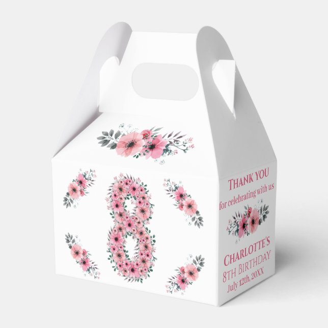 Pink Flowers Big 8th Birthday Girl Green Foliage Favour Box (Front Side)