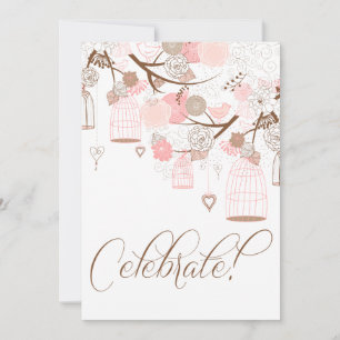 Pink Flowers & Birdcages Birthday Invitations