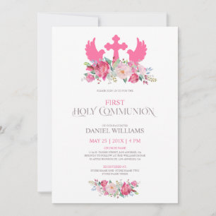 Pink flowers birds and a cross First Communion Invitation
