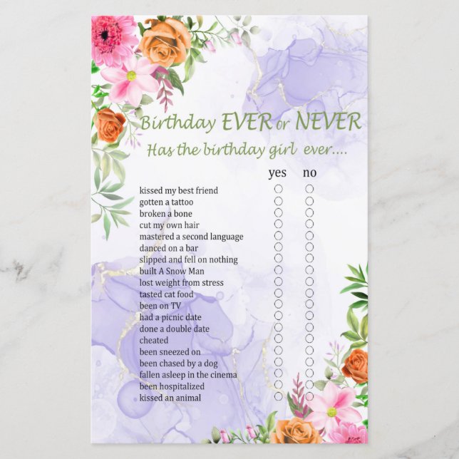 Pink Flowers Birthday Ever or Never Game (Front)