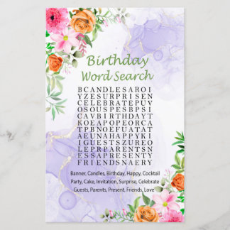 Pink Flowers Birthday Word Search Game