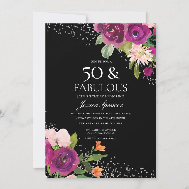 Pink Flowers Black Back 50th Birthday Party Invitation (Front)