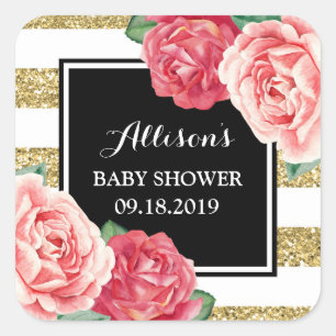 Pink Flowers Black Gold Baby Shower Favour Tag