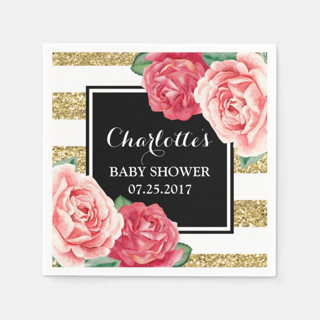 Pink Flowers Black Gold Stripes Baby Shower Napkin (Front)