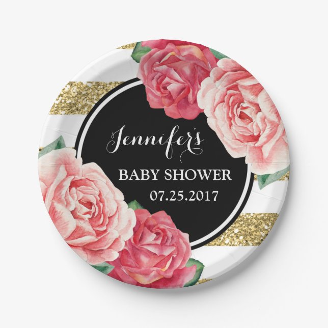 Pink Flowers Black Gold Stripes Baby Shower Plate (Front)