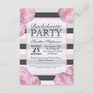 Pink Flowers & Black, Grey, & White Stripes Invitation