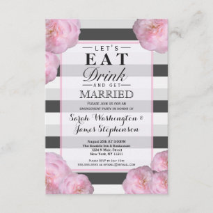 Pink Flowers & Black, Grey, & White Stripes Invitation
