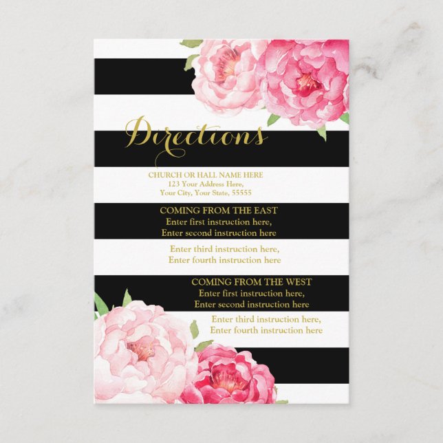 Pink Flowers Black Stripe Wedding Direction Insert (Front)