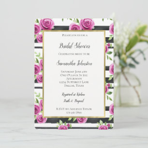 Pink Flowers Black Stripes Bridal Shower Invitation