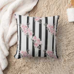 Pink Flowers & Black Stripes  Cushion