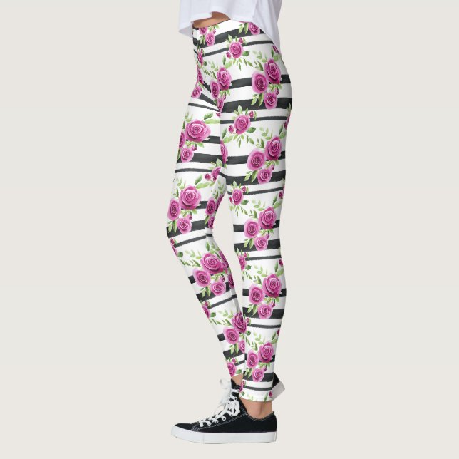 Pink Flowers Black Stripes   Leggings (Left)
