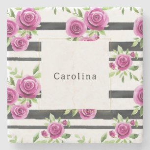 Pink Flowers Black Stripes   Stone Coaster