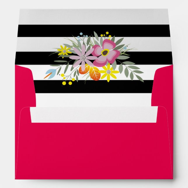 Pink flowers black white stripes floral wedding envelope (Back (Bottom))