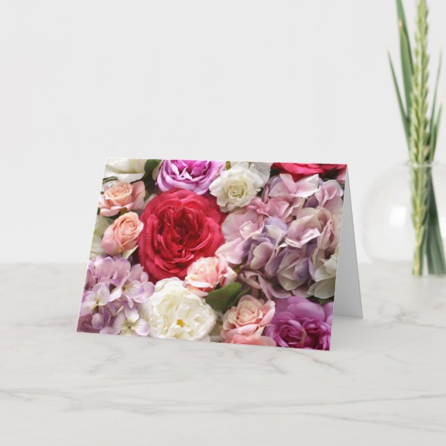Pink Flowers Blank Floral Note Card  (Front)