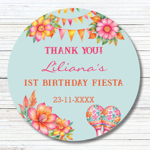 Pink Flowers Blue Fiesta 1st Birthday Favour Classic Round Sticker