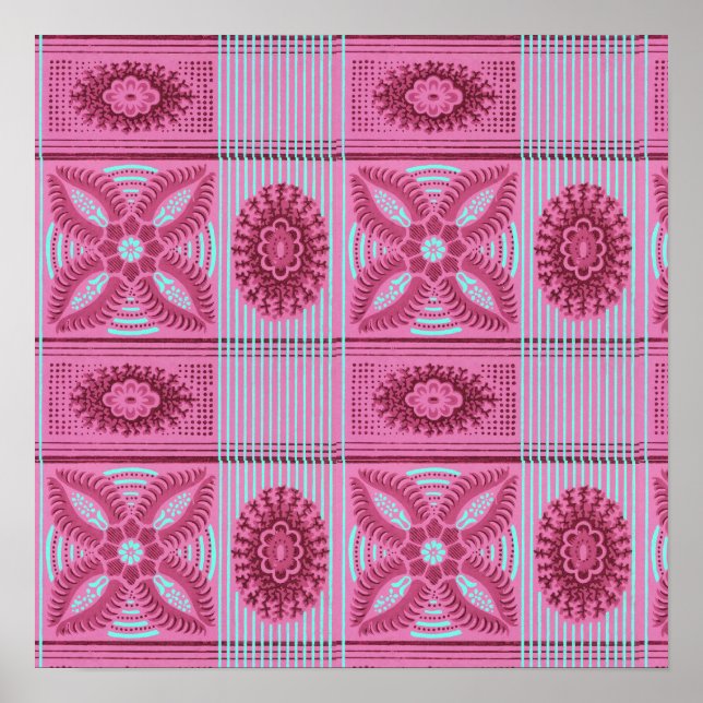 pink flowers blue stripes vintage art Pattern  Poster (Front)