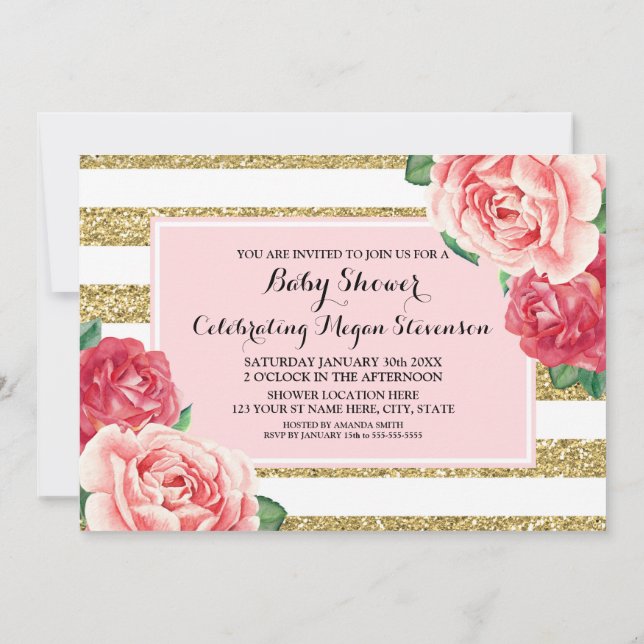 Pink Flowers Blush Gold Stripes Baby Shower Invitation (Back)
