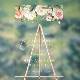 Pink Flowers, Boho, First Holy Communion Welcome Acrylic Sign