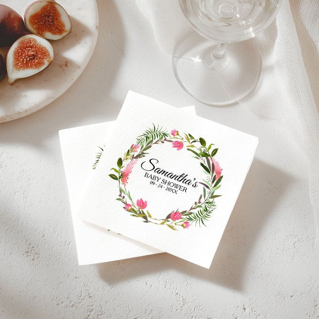 Pink Flowers Boho Floral Wreath Baby Shower Napkin (Creator Uploaded)