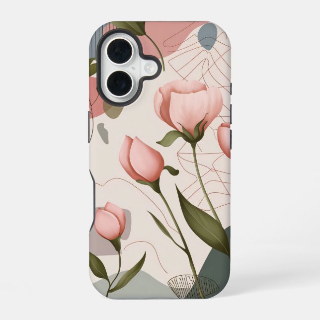 Pink Flowers, Boho Pattern iPhone 16 Case (Back)