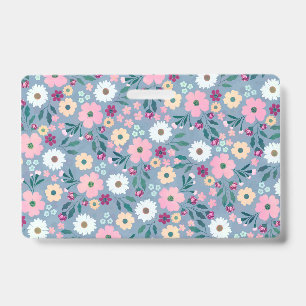 Pink flowers Botanical Blue Design ID Badge