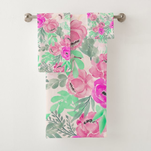 Pink Flowers Botanical Watercolor Bath Towel Set (Insitu)