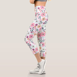 Pink flowers Botanical White Design Capri Leggings