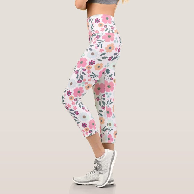 Pink flowers Botanical White Design Capri Leggings (Left)