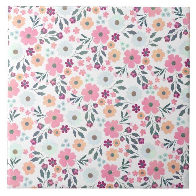 Pink flowers Botanical White Design Tile (Front)