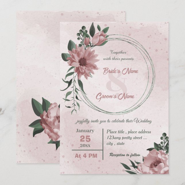 pink flowers botanical wreath wedding  invitation (Front/Back)