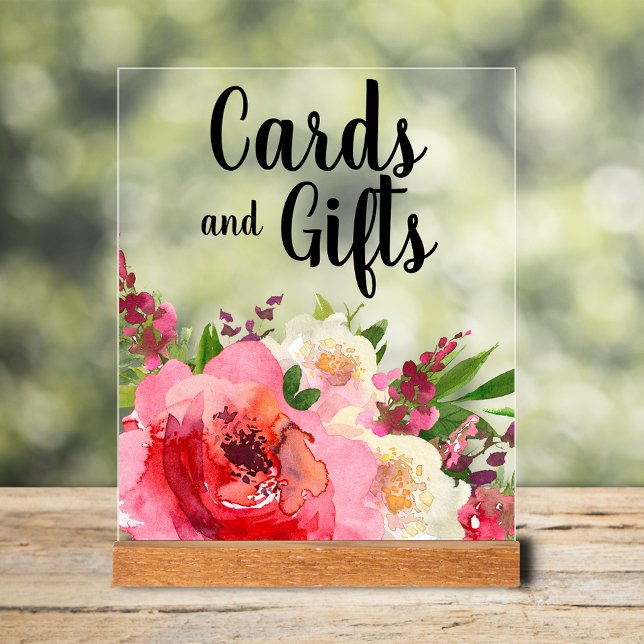 Pink Flowers Bridal Shower Cards & Gifts Acrylic Sign (Cards & Gifts bridal shower tabletop acrylic sign with pink and cream flowers and greenery)
