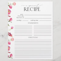 Pink Flowers Bridal Shower Recipe Binder Page