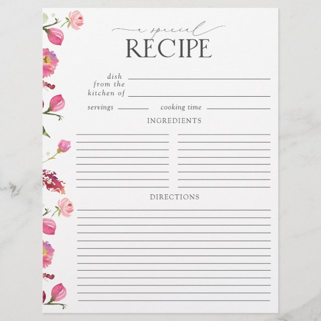 Pink Flowers Bridal Shower Recipe Binder Page (Front)