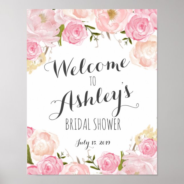 Pink flowers Bridal shower welcome sign (Front)