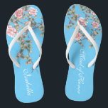 Pink Flowers Bright Blue Background Wedding Gifts  Flip Flops<br><div class="desc">The flops features pink flowers illustration on bright blue background, and a classic wedding words typography. This elegant pair of flip flops is a beautiful and memorable gifts for the member of bridal party: bride tribe, bridesmaids, mother of the bride, maid of honour... adding a stylish dose of glam to your wedding day,...</div>