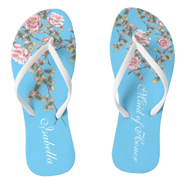 Pink Flowers Bright Blue Background Wedding Gifts  Flip Flops (Footbed)