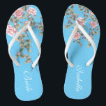 Pink Flowers Bright Blue Wedding Bride Flip Flops<br><div class="desc">The flops features pink flowers illustration on bright blue background, and a classic wedding words typography. This beautiful pair of elegant flip flops would be a beautiful something blue for a spring or summer wedding. ♥Customise it with your text by using the template fields. ♥ If you want to change...</div>