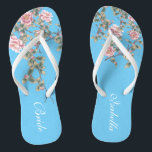 Pink Flowers Bright Blue Wedding Bride Flip Flops<br><div class="desc">The flops features pink flowers illustration on bright blue background, and a classic wedding words typography. This beautiful pair of elegant flip flops would be a beautiful something blue for a spring or summer wedding. ♥Customise it with your text by using the template fields. ♥ If you want to change...</div>