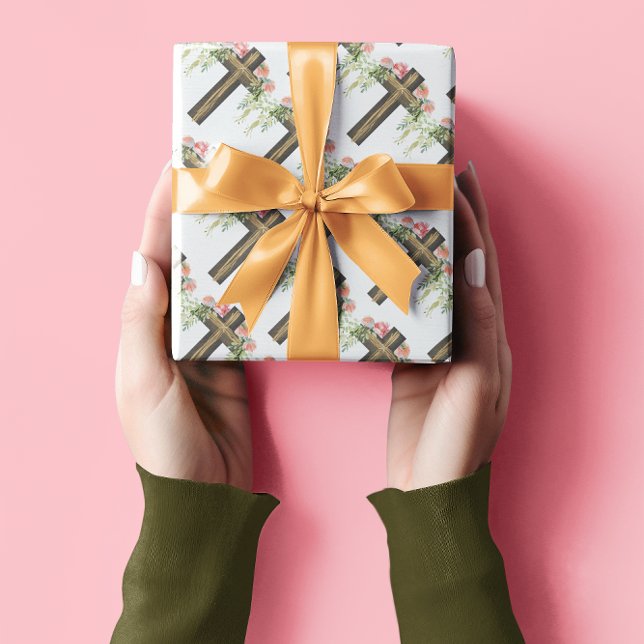 Pink Flowers Brown Religious Cross Easter Wrapping Paper (Creator Uploaded)