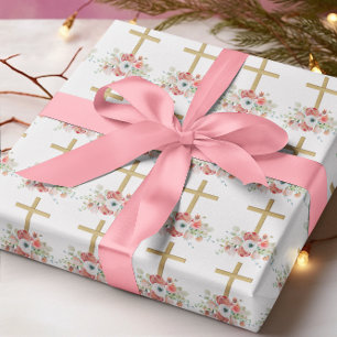 Pink Flowers Brown Religious Cross Easter Wrapping Paper