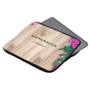 Pink flowers brown wood laptop sleeve