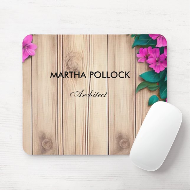 Pink flowers brown wood  mouse mat (With Mouse)