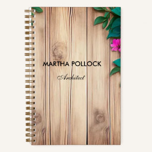 Pink flowers brown wood  notebook